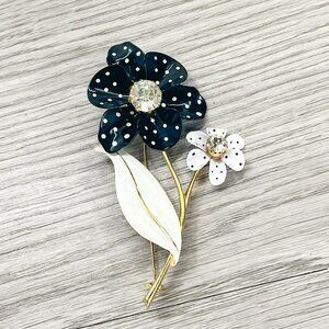 Vintage Avon Black and White Polka-Dot Enamel Flower Brooch, Large Flower Pin